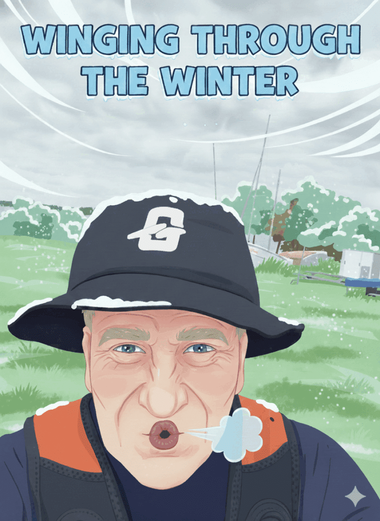 Cartoon wing foiler looking cold